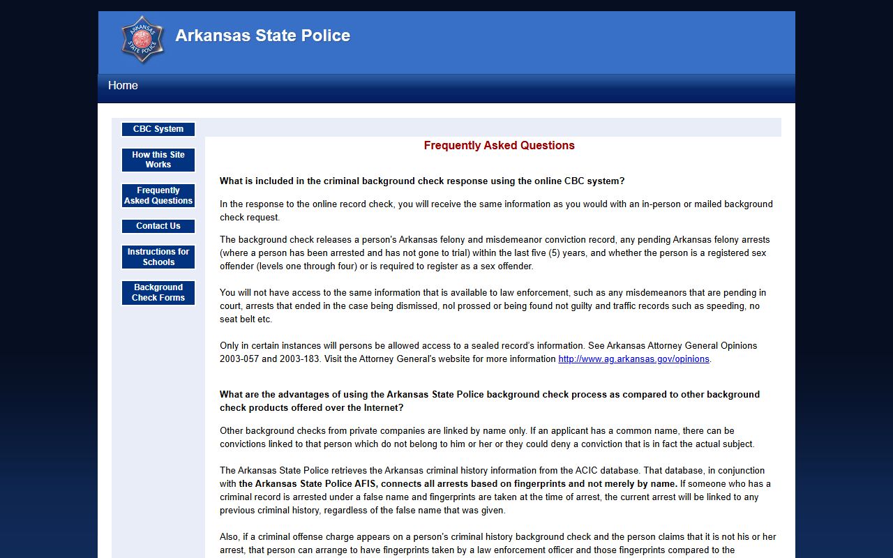 Arkansas State Police Residents Directory background check FAQ